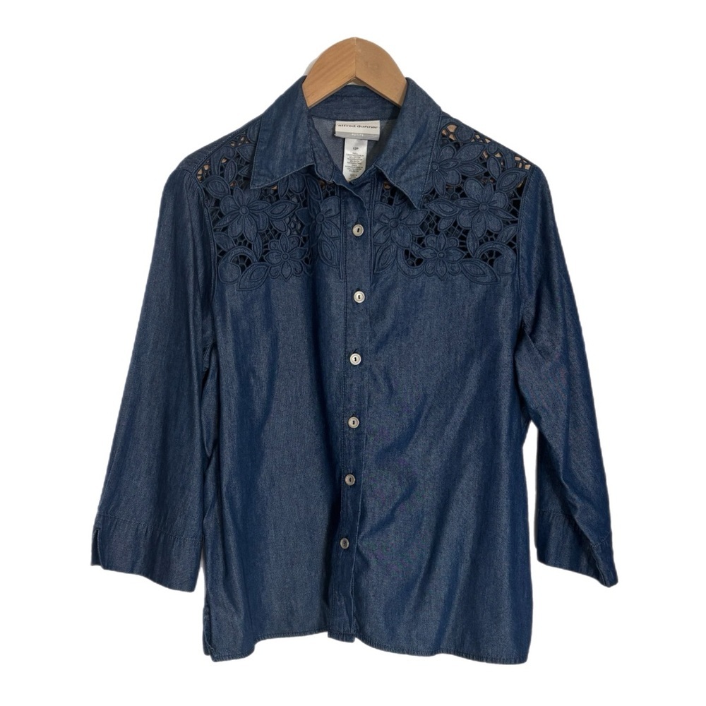 Alfred Dunner floral cut out detail chambray button up blouse